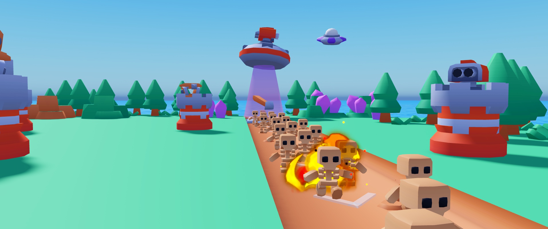 Fire bursts across a column of skeleton enemies beside a ballista tower.