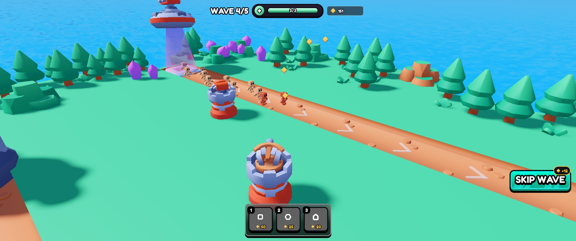 Gameplay with the wave counter, gem counter and tower bar, as gems fly up to the counter.