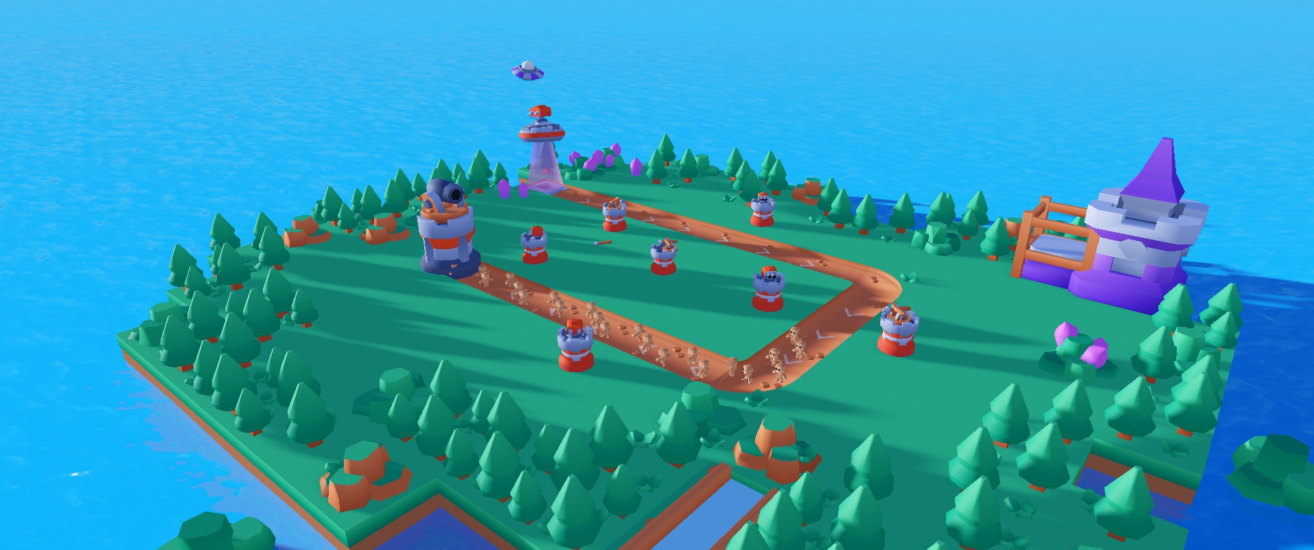 A small island at sunset with towers lining a winding road and a column of skeletons on it.