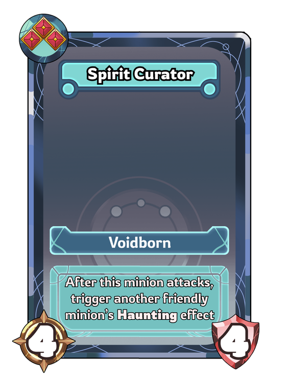 The Spirit Curator card: a Voidborn minion with 4 attack and 4 health.