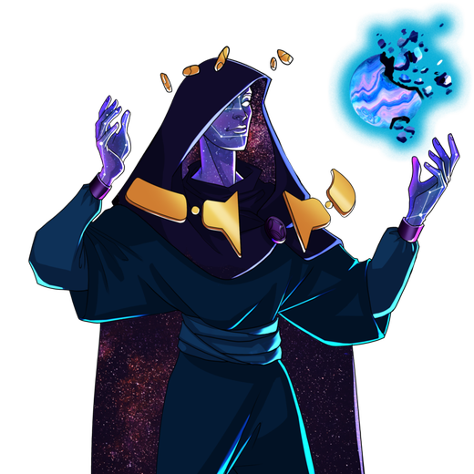 Idealyst's learning character, a hooded mage holding a cosmic orb.